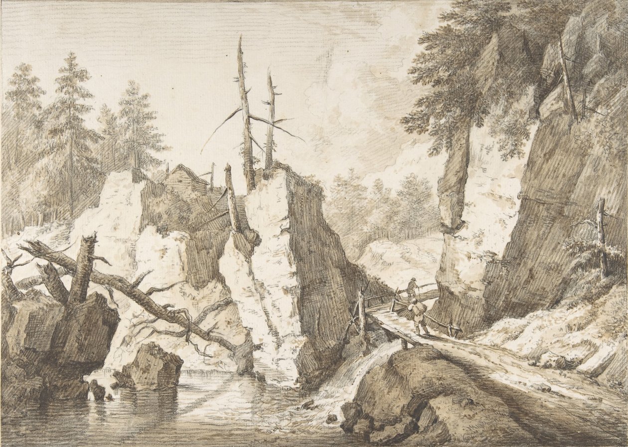Swiss mountain landscape with small bridge spanning a brook, 1751-81.    1175746   no       norwegian Successfully Translated  Original: Broadstairs, Squally Weather Translat: Broadstairs, Squally Weather 1410044 no norwegian Successfully Translated Origin av Franz Schutz