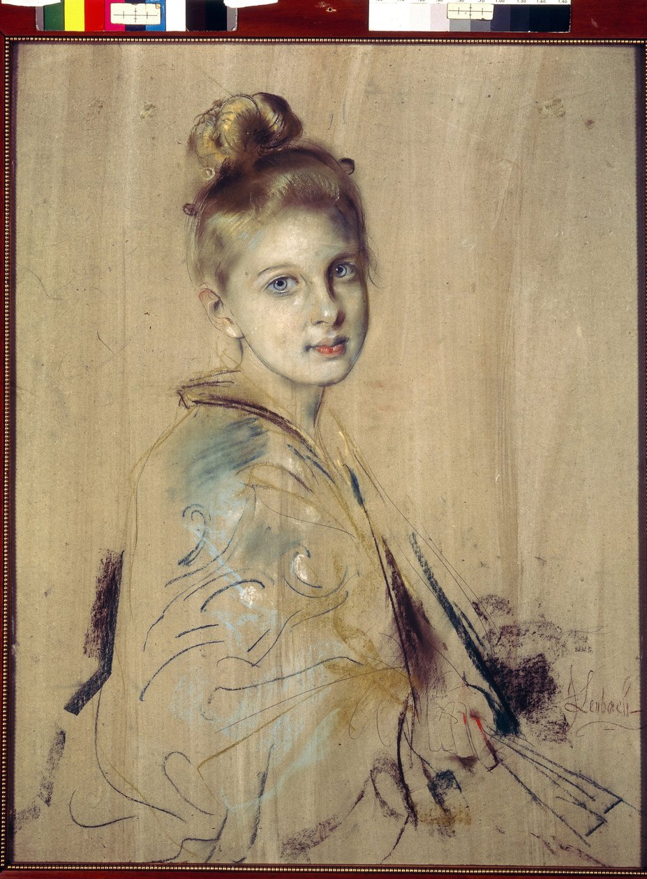 Ung jente med en fan (Girl With A Fan). Verk av Franz von Lenbach (1836-1904), pastell på papp, rundt 1880. Tysk kunst fra 1800-tallet. State Hermitage, St. Petersburg. av Franz Seraph von Lenbach