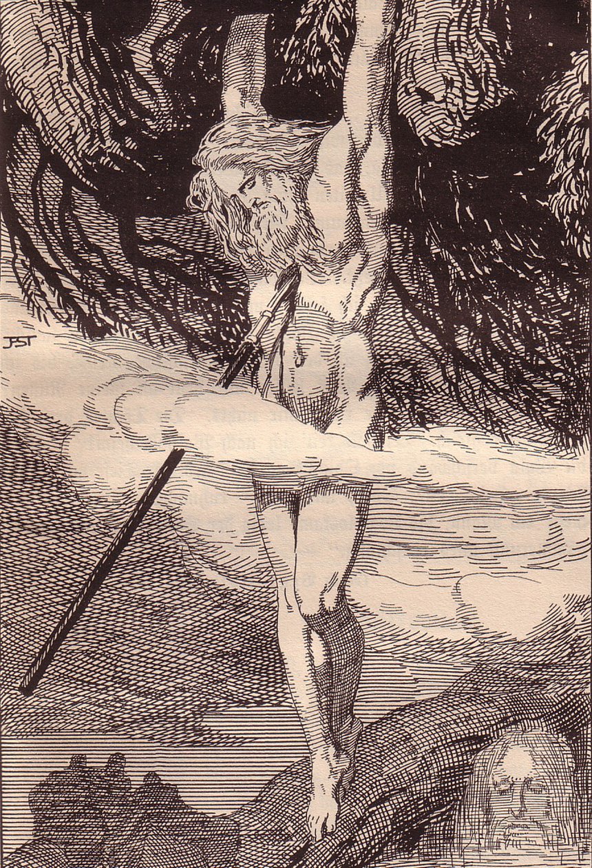 Odin henger på verdenstreet. Illustrasjon for The Edda: Germanic Gods and Heroes av Hans von Wo av Franz Stassen