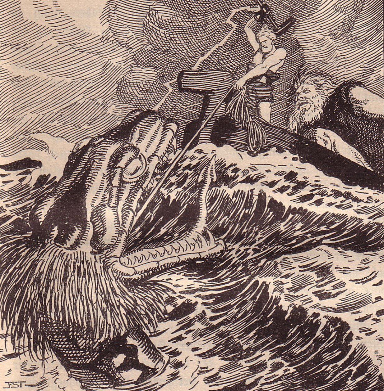 Thor og Hymir Fiske. Illustrasjon til The Edda: Germanic Gods and Heroes av Hans von Wolzogen av Franz Stassen