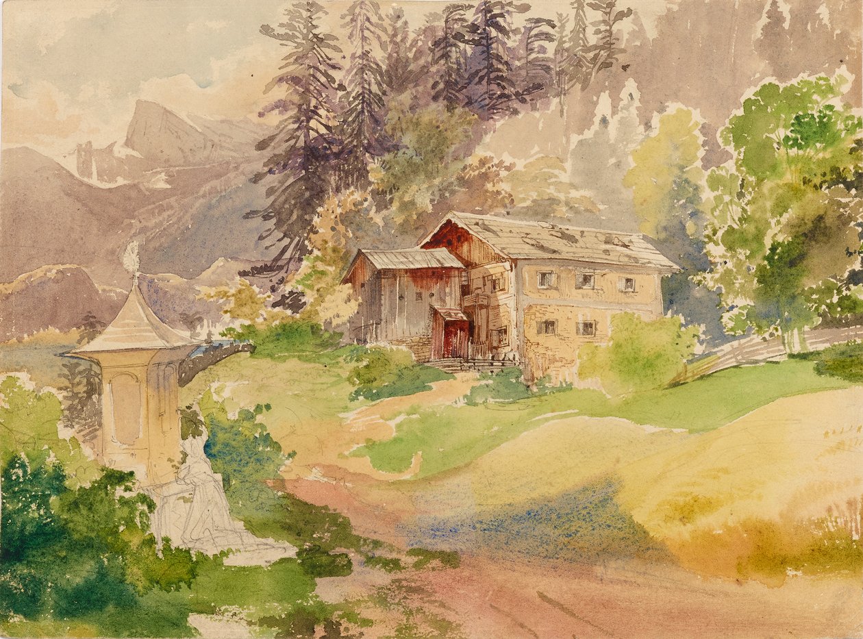 Alpinlandskap med våningshus og kvinne foran et helligdom av Franz Steinfeld