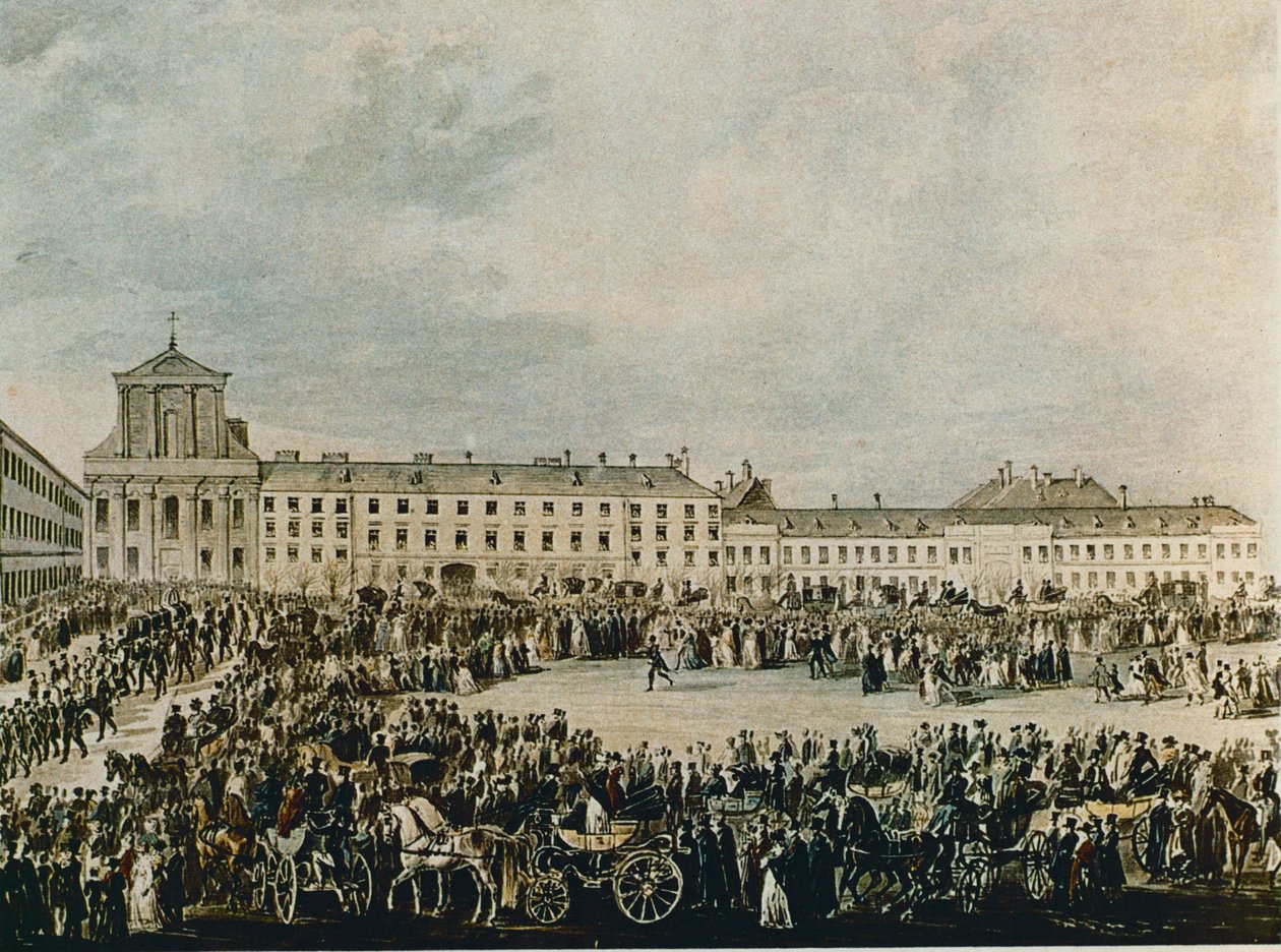 Ludwig van Beethovens begravelsesprosesjon i 1827 fra Schwarzspanierhaus til Treenighetskirken i Alsergasse, Wien (akvarell) av Franz Stober