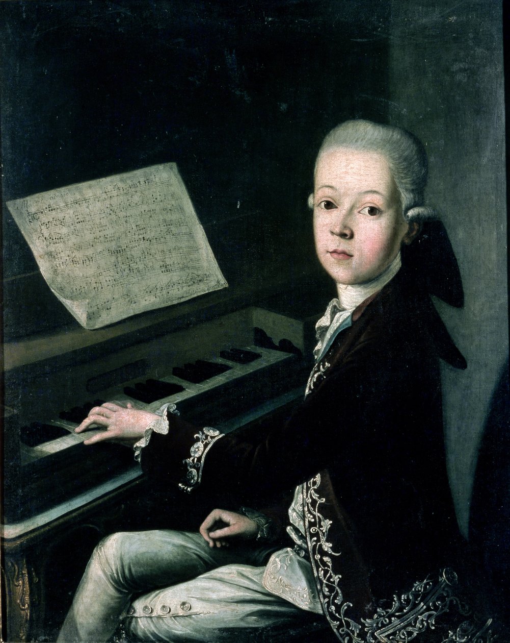 Portrett av Carl Graf Firmian ved pianoet, tidligere antatt å være Wolfgang Amadeus Mozart (1756-91) av Franz Thaddaus Helbling
