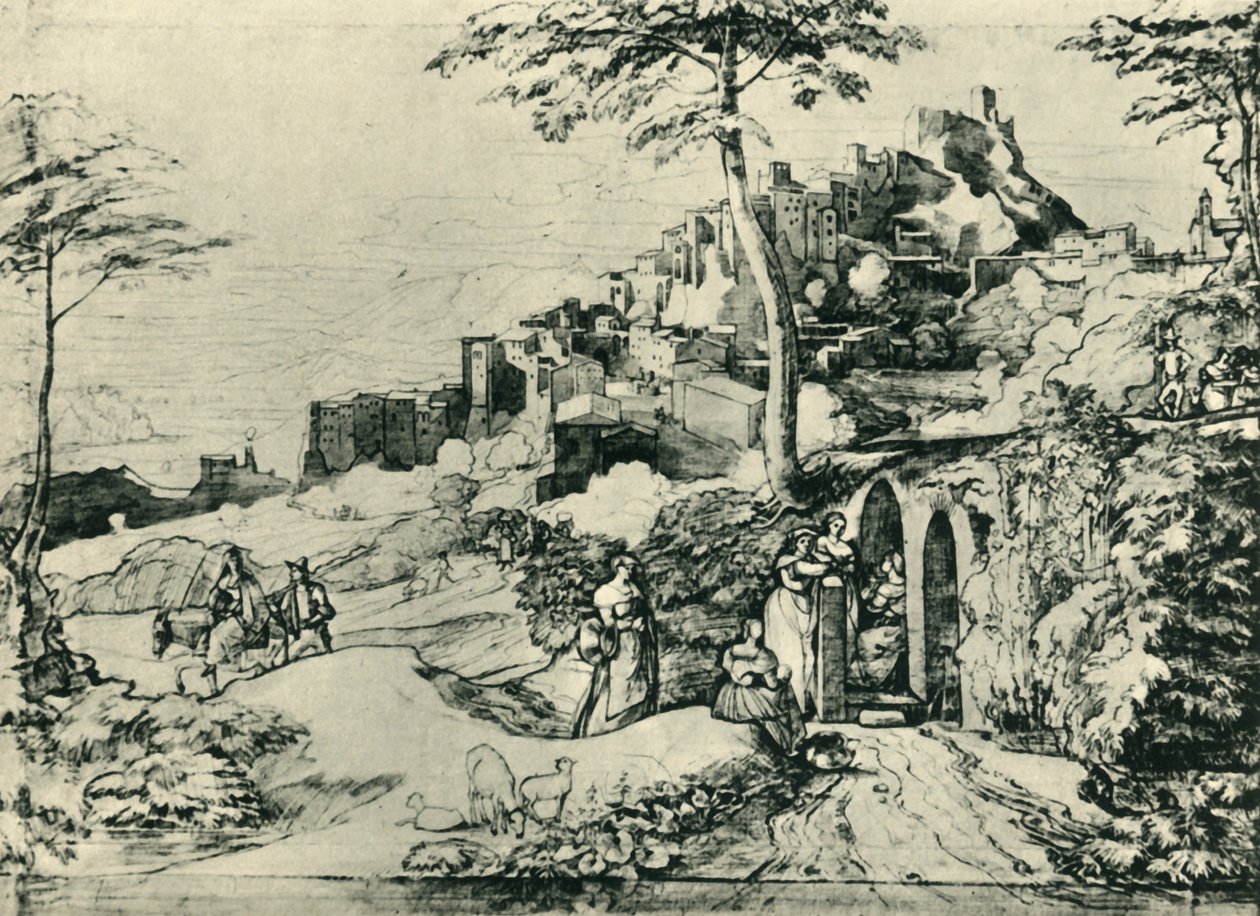 Kvinner ved en vannfontene ved Olevano, nær Roma, Italia, 1822, 1943. av Franz Theobald Horny