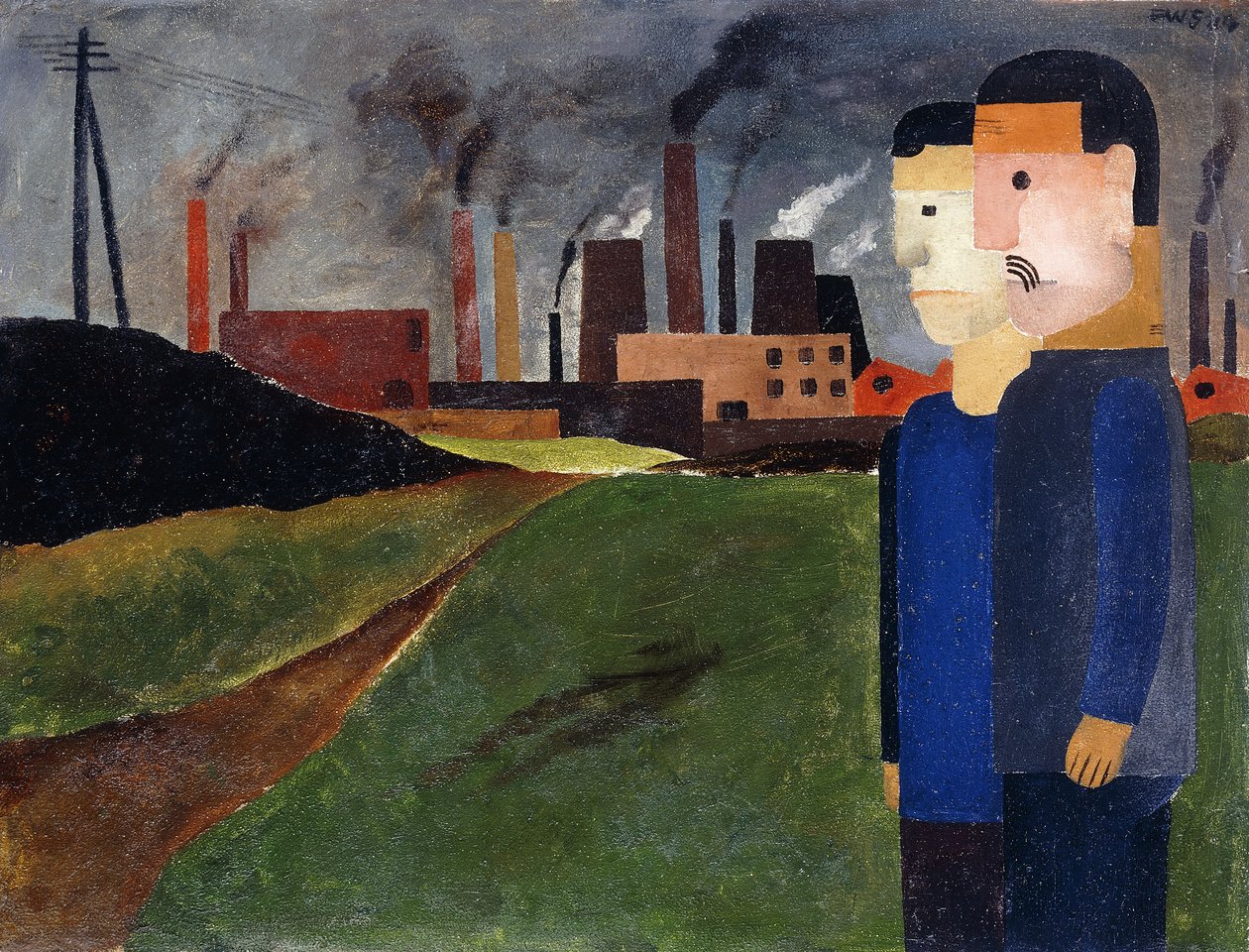 Industrielt landskap og arbeidere; Industrilandskap med arbeidere av Franz W. Seiwert
