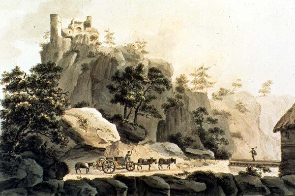 Utsikt over Ribeauville Road og Grand Ribeauville Castle (fargegravering) av Franz Walter