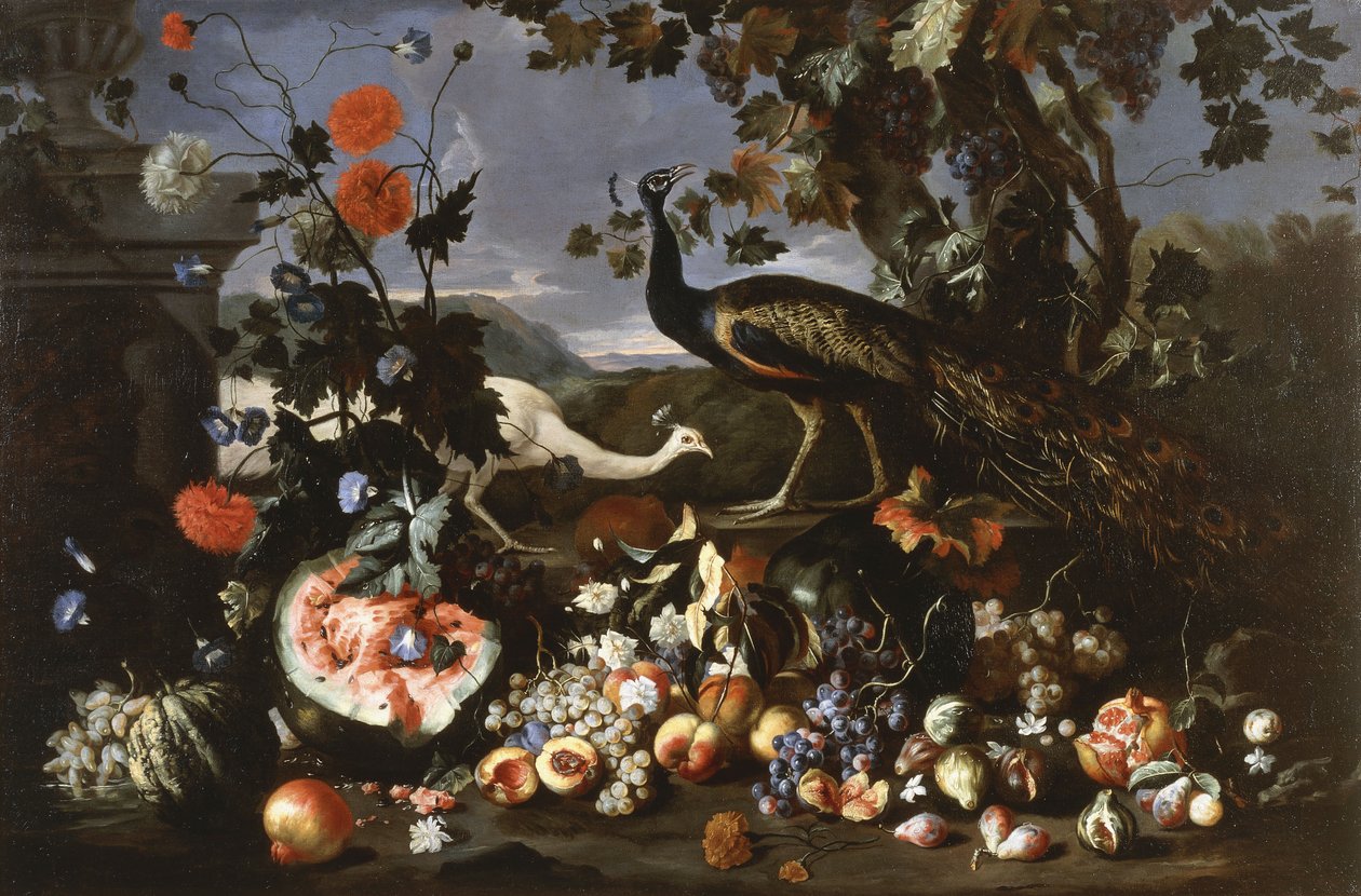 En påfugl og en høne med frukt og blomster i en park, av Franz Werner Tamm