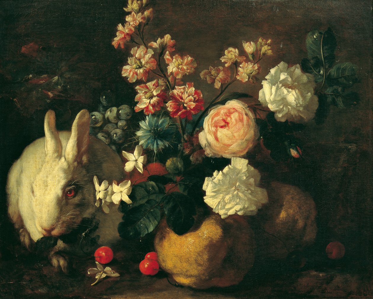Stilleben med kaniner, blomster og frukt av Franz Werner Tamm