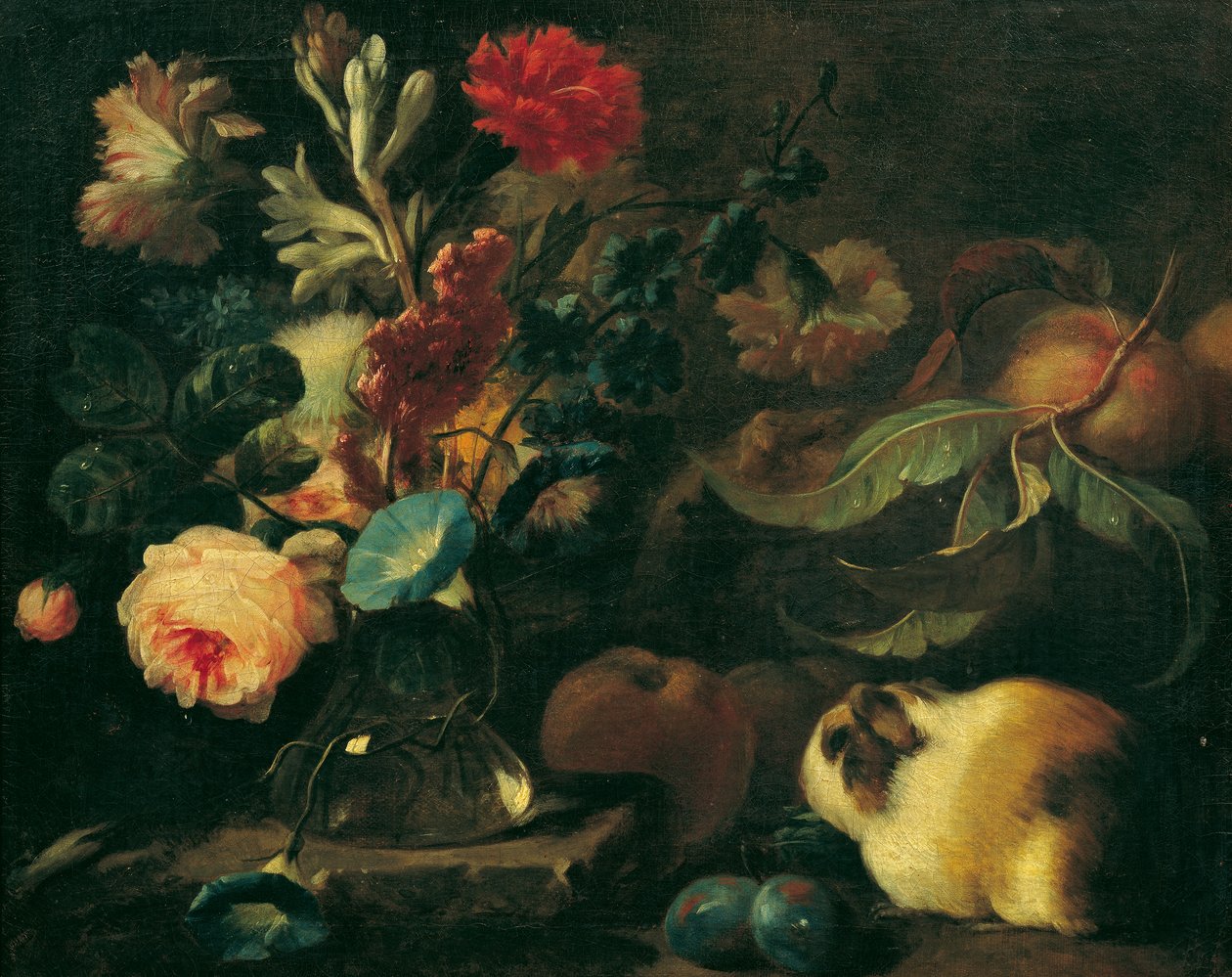Stilleben med marsvin, blomster og frukt av Franz Werner Tamm