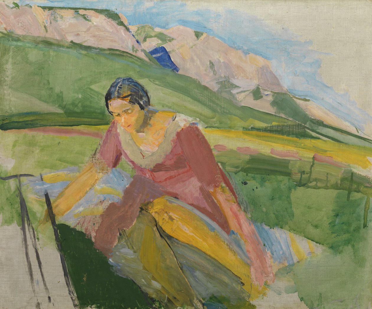 Young Woman in a Landscape (Carinthia), ca. 1930-38 (olje på lerret) av Franz Wiegele