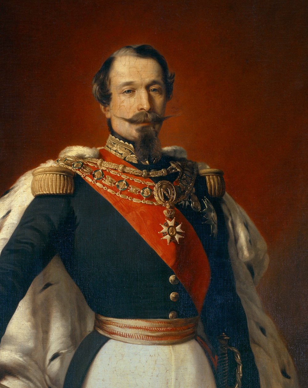 Portrett av Napoleon III (1808-1873), keiser av franskmennene foran utsikt over Chateau de Saint Cloud. Detalj av maleri av Franz Xaver Winterhalter (1806-1873) 1855 Dim. 2,4x1,5 m av Franz Xaver  Winterhalter (after)
