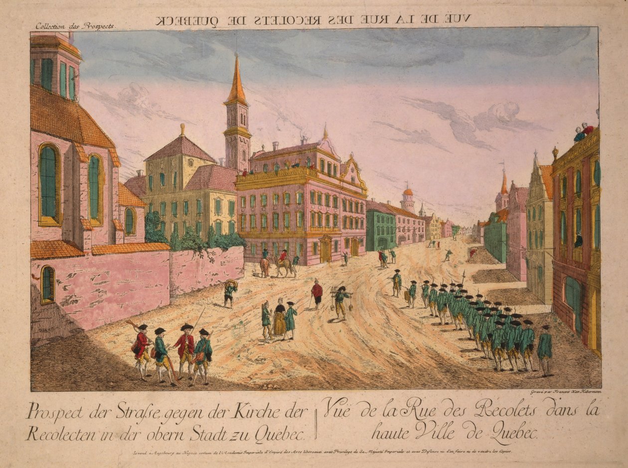 Vue de la Rue des Récollets de Quebec, publisert ca. 1770-tallet (håndfarget gravering) av Franz Xaver Habermann