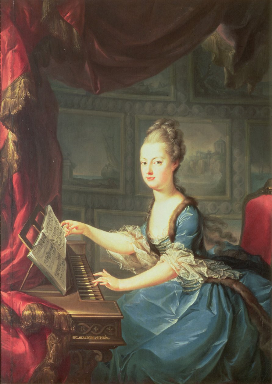 Erkehertuginne Marie Antoinette Habsburg-Lothringen (1755-93) ved spinnet, femtende barn til keiserinne Maria Theresia av Østerrike (1717-80) og keiser Frans I (1708-65) kone til Louis XVI av Frankrike (17) av Franz Xaver Wagenschon