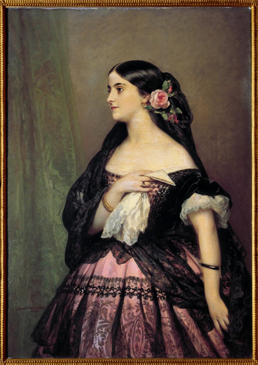 Adelina Patti. Portrett av sangeren Adelina Patti (1843-1919), spansk sopran som tolker rollen som Rosine i "Barberen fra Sevilla" (Barberen fra Sevilla) av Gioacchino Rossini. Maleri av Xaver Winterhalter (1806-1873) av Franz Xaver Winterhalter