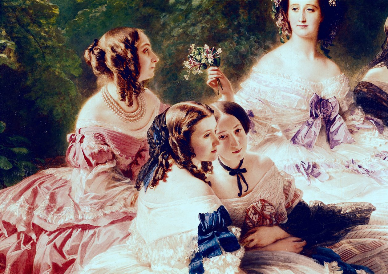 Keiserinne Eugenie (1826-1920) og hennes ventende damer, detalj om prinsessen av Essling, baronessen av Pierres og viscountessen av Lezay-Marnesia, 1855 av Franz Xaver Winterhalter