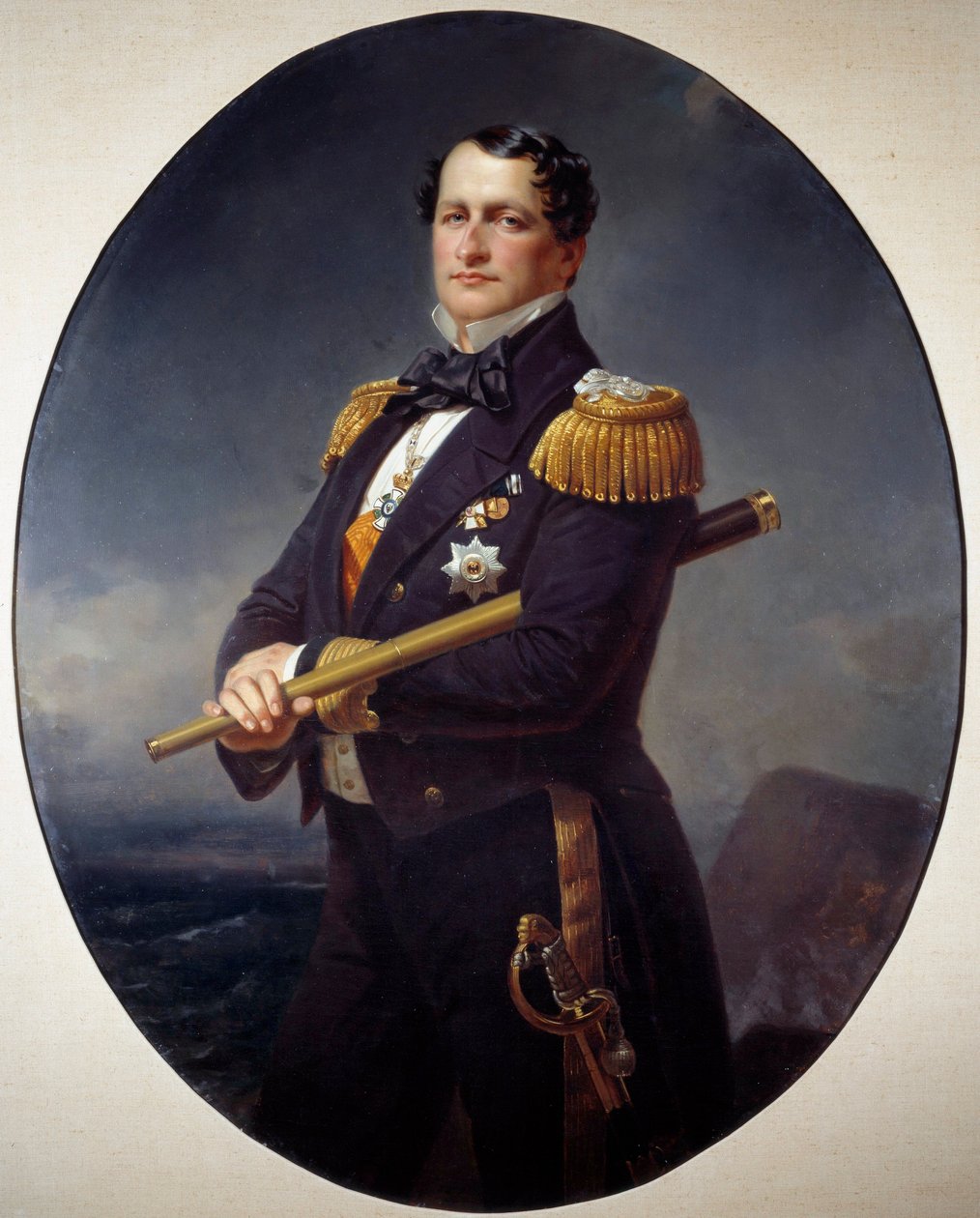 Portrett av en admiral En marineadmiral, med lang utsikt, et marint landskap på baksiden. Maleri av Xaver Winterhalter (1806-1873) Brest fra 1800-tallet, Museum of Fine Arts av Franz Xaver Winterhalter