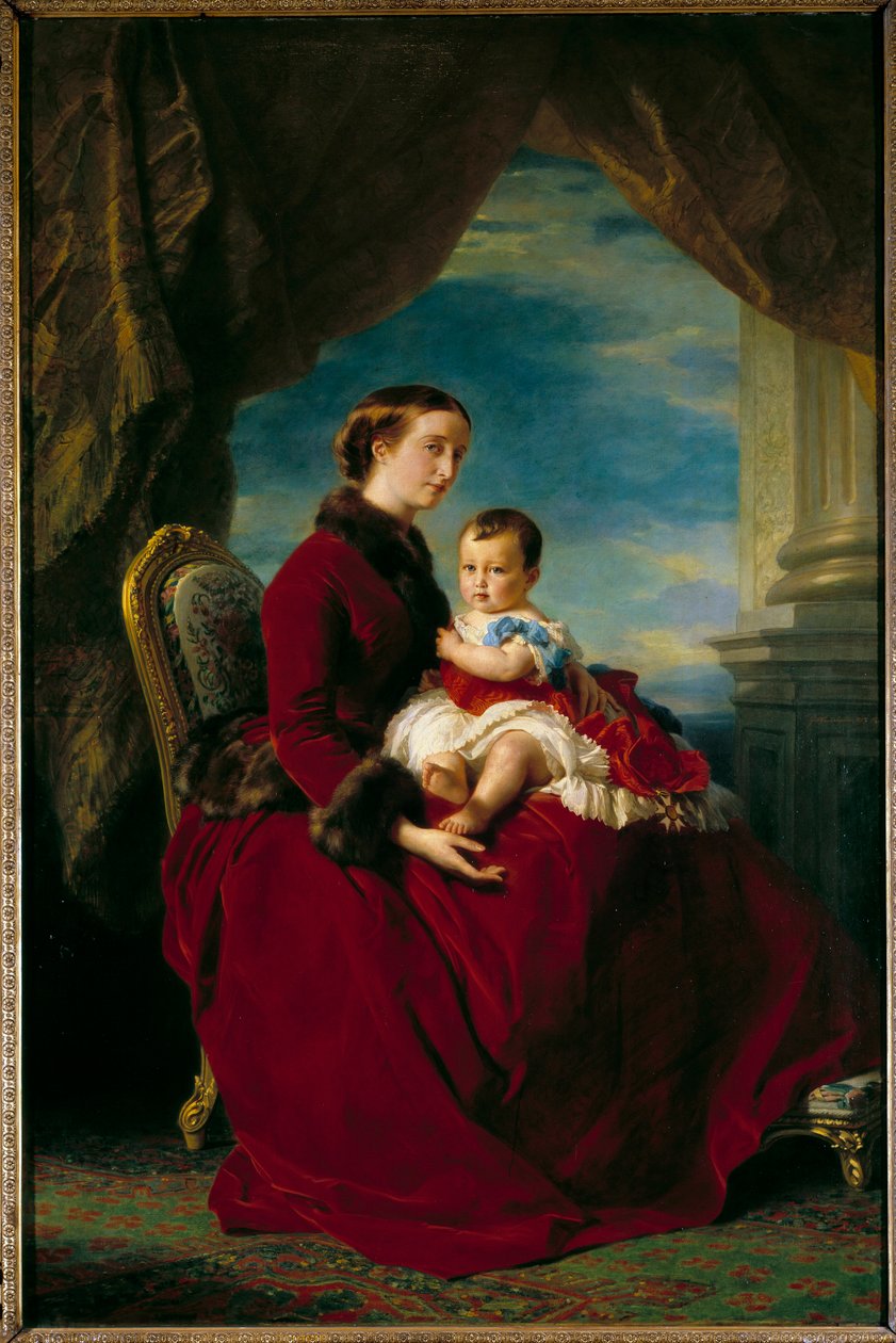 Portretter av keiserinne Eugenie og keiserprinsen. Eugenie de Montijo (1826 - 1920) og hans sønn med Napoleon III, Napoleon Eugene Louis Bonaparte (1856-1879). Maleri av Francois Xaver Winterhalter (1806-1873) Ec. Alle. av Franz Xaver Winterhalter