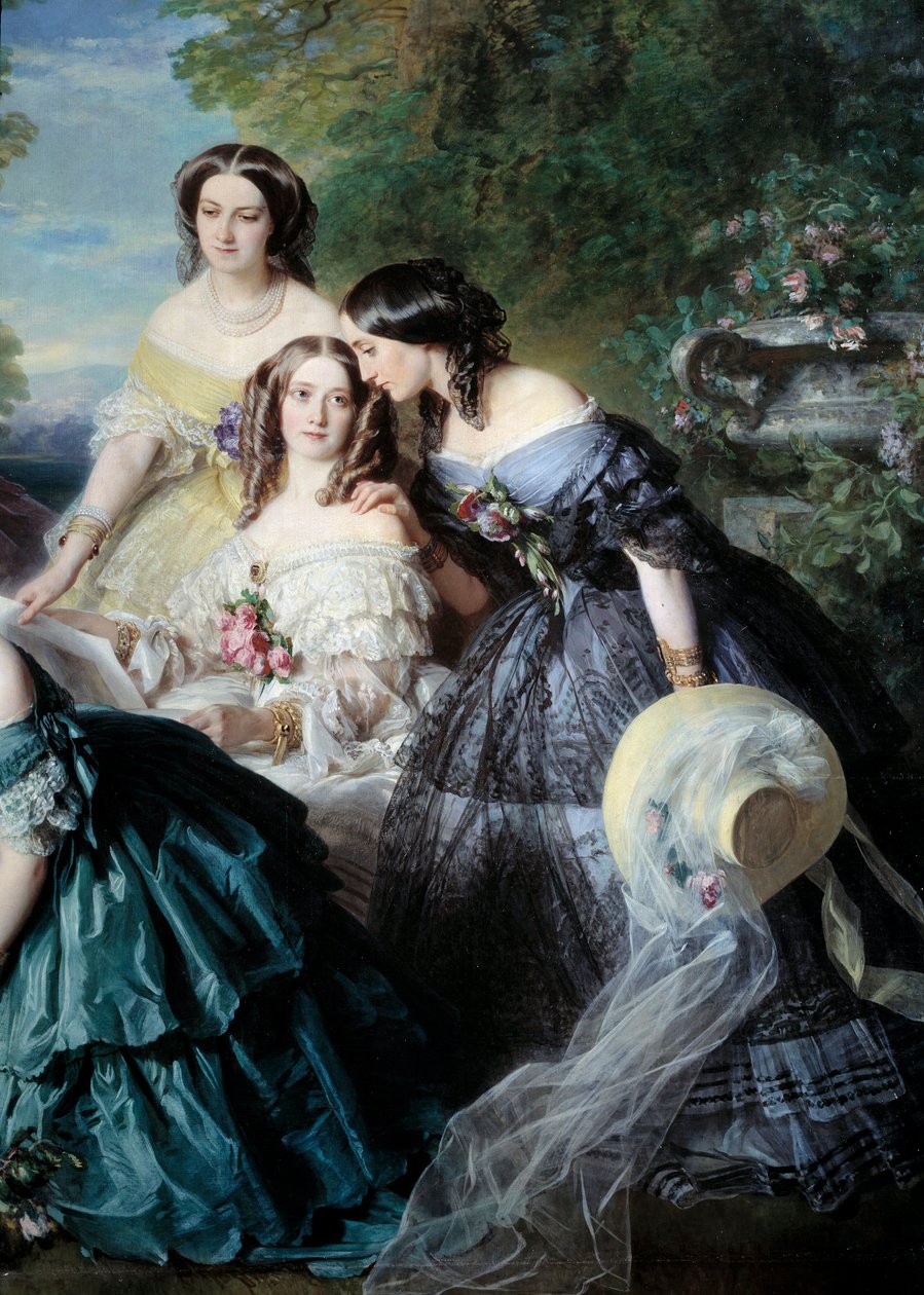 Impress Eugenie (1826-1920) i 1855 omringet æresdamene i Detail Palace som representerte baronessen av Malaret, født Nathalie de Segur (gul), Marquise de las Marismas (hvit) og Marquise de La Tour Maubourg. Maleri av Franz Xavier Wi av Franz Xaver Winterhalter