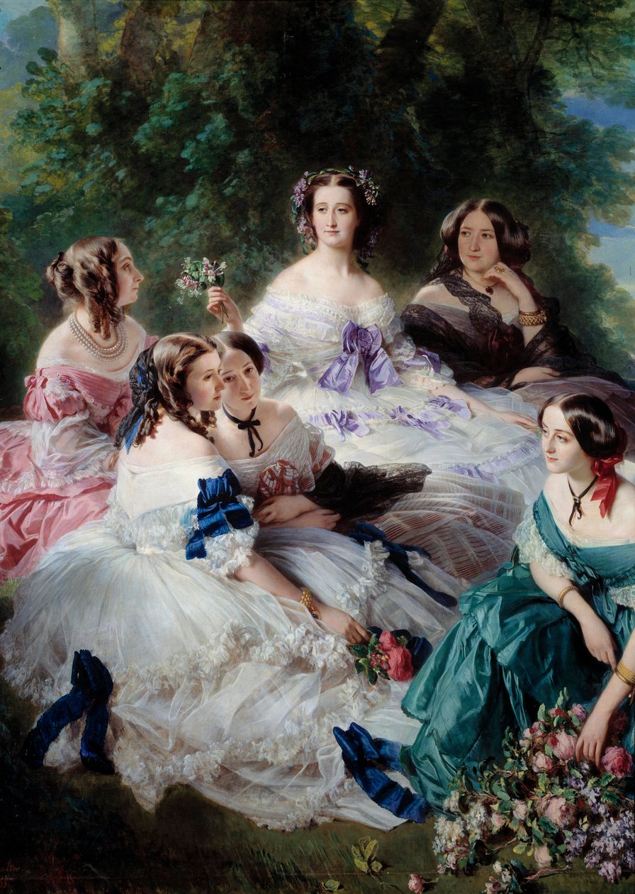 Impress Eugenie (1826-1920) i 1855 omgir æresdamene i Detail Palace, som representerer prinsessen av Essling, baronessen av steiner, viscountessen Lezay-Marnesia, keiseren på toppen i hvitt og markisen av Montebello på de av Franz Xaver Winterhalter