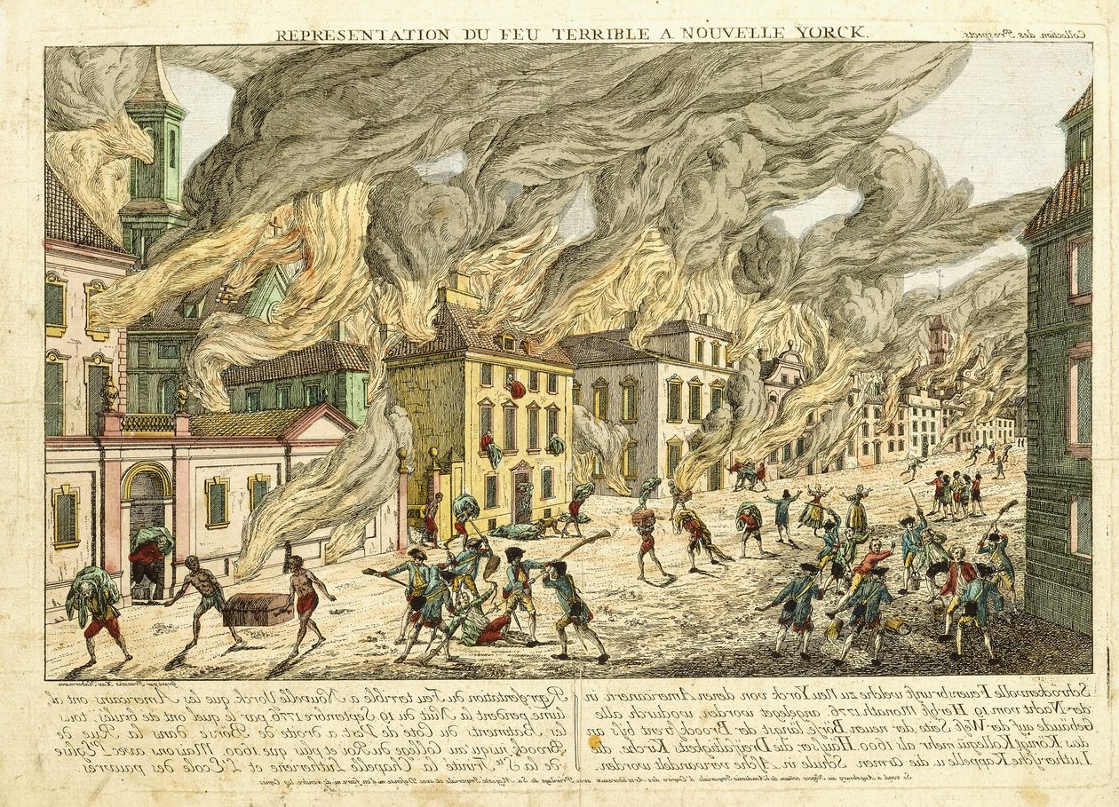 Utsikt over New York under den store brannen i 1776; Representation du Fue Terrible a Nouvelle York, 1780 av Franz Xaver Habermann
