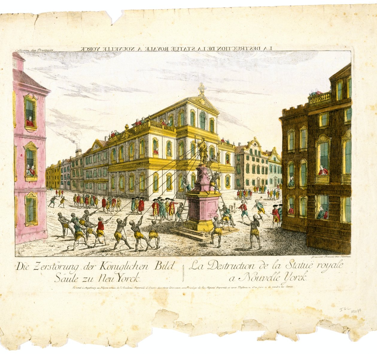 Vue d'Optique/Destruction of the Royal Statue in New York (Optical View/Destruction of the Royal Statue in New York), ca. 1776 (etsing og gravering med polykrom akvarell på lagt papir) av Franz Xavier Habermann