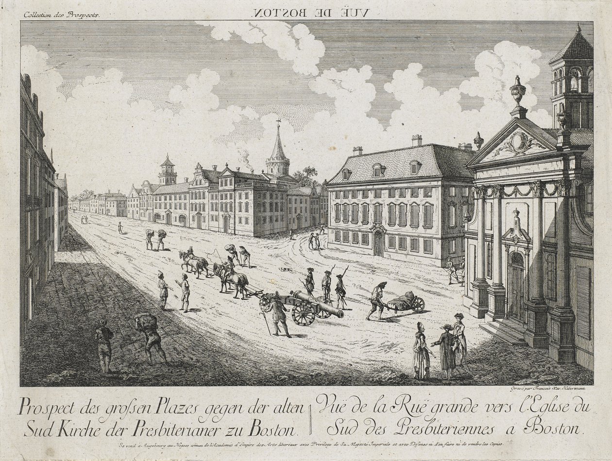 Vue d’Optique/Prospect des grossen Plasser der Alten Sud Kirche der Presbiterianer zu Boston (Optisk utsikt/utsikt over de store plassene mot Old South Presbyterian Church i Boston), ca. 1776 (etsing og gravering, ufarget på lagt papir) av Franz Xavier Habermann