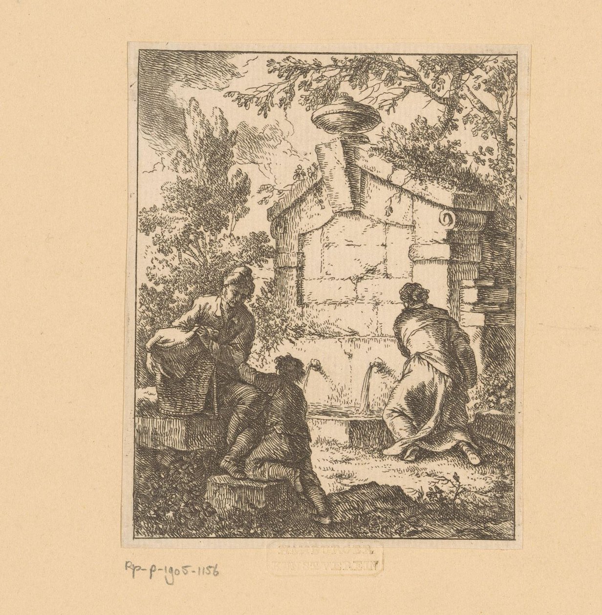 Tre reisende henter vann fra en ruin Capricci Fatti (serietittel) av Franz de Paula Ferg