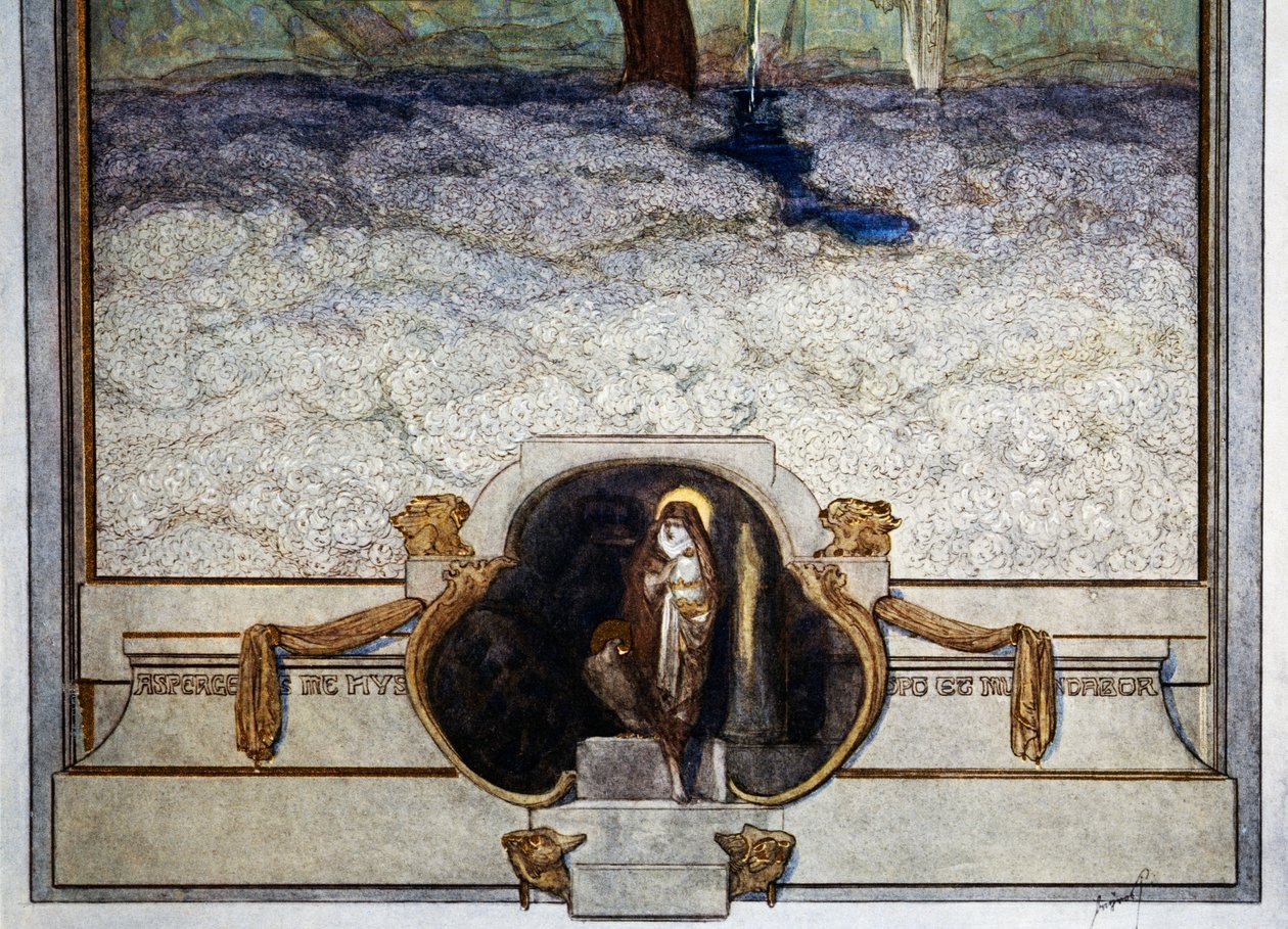Da jeg var nær den velsignede kysten, """"Asperges meg,"""" hørte jeg så søtt sunget, Husk det, jeg kan ikke, langt mindre skrive det, Skjærsilden, canto XXXI, Divine Comedy av Dante Alighieri, illustrasjon av Franz von Bayros (1866-1924), Wien av Franz von  Bayros