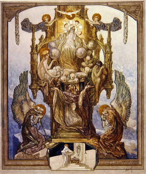 Illustrasjon fra Dantes guddommelige komedie, Paradiso, Canto VIII, 1921 (wc på papir) av Franz von Bayros
