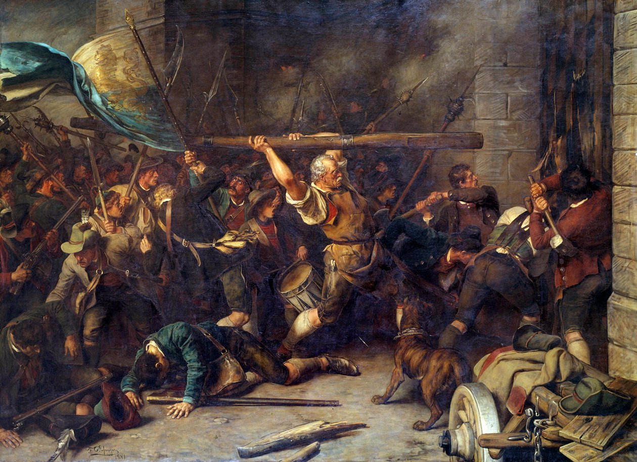 Bøndenes opprør i 1850 Angrepet på den røde barrieren"" Maleri av Franz Defregger (1835-1921) av Franz von Defregger
