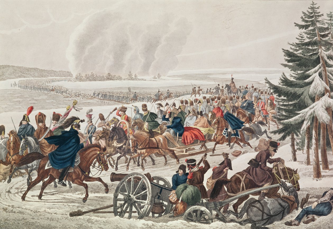 Den franske hærens retrett over elven Berezina, 26. november 1812, gravert av J.A. Klein av Franz von Habermann