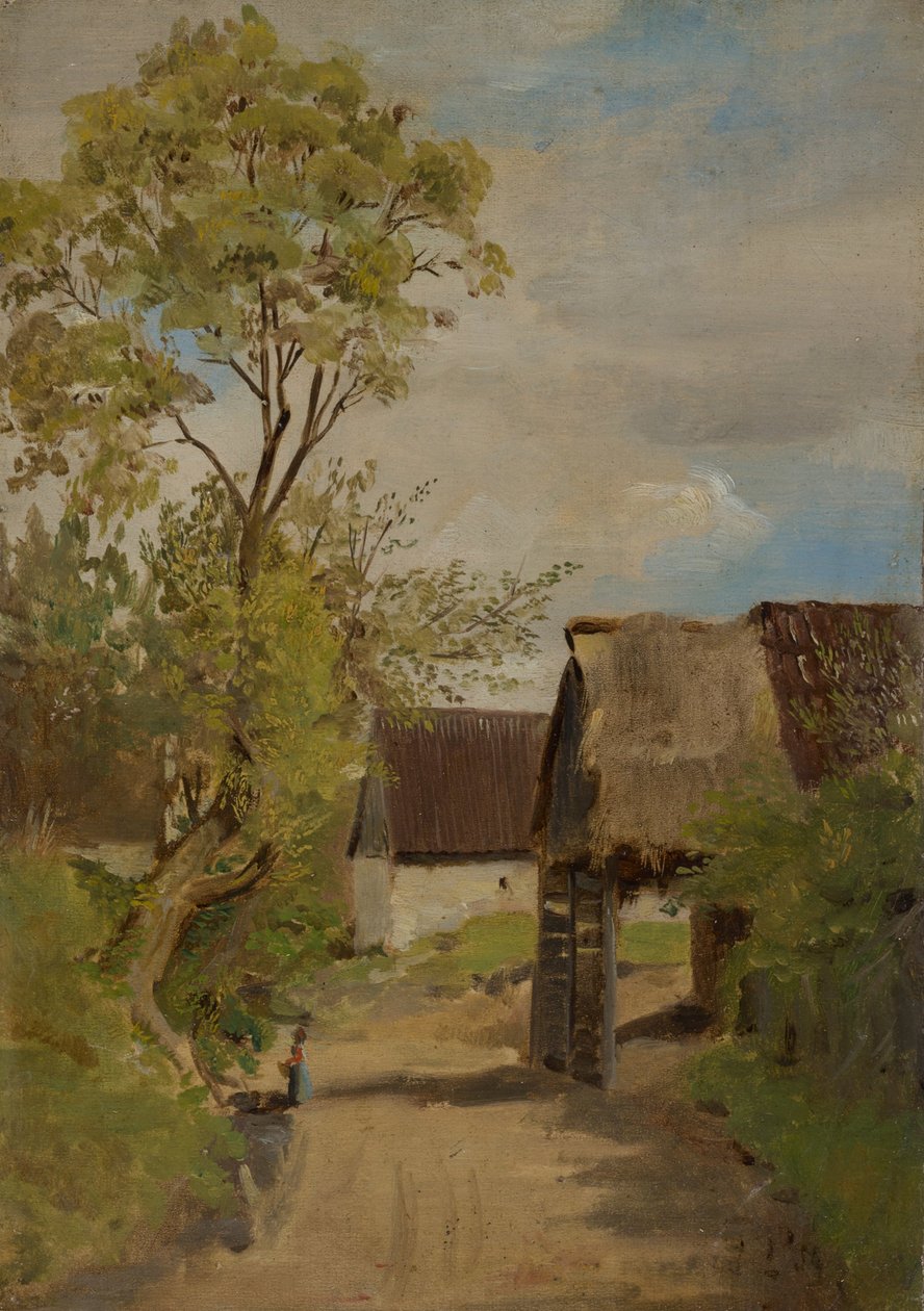 Landsbygate i Aresing (?) med kvinneskikkelse av Franz von Lenbach