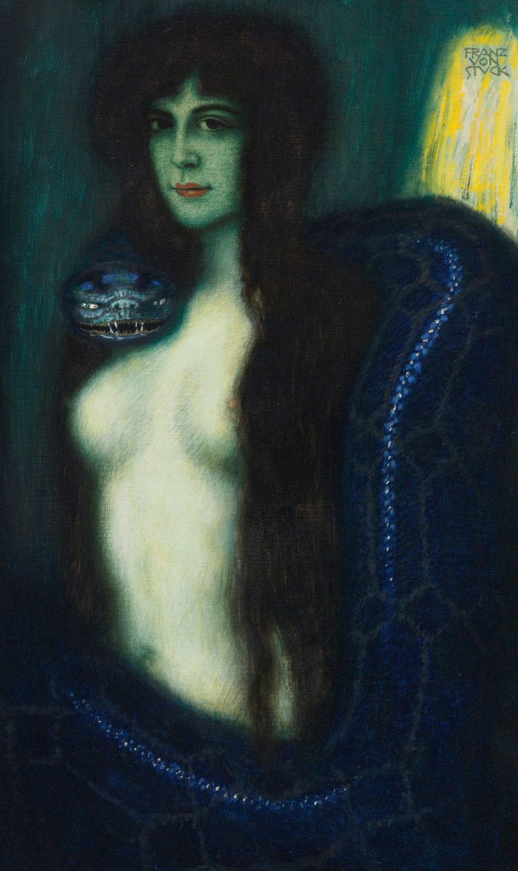 Le peche - The Sin par Stuck, Franz, Ritter von (1863-1928). Olje på lerret, størrelse: 90,2x53,3, , Privat samling av Franz von Stuck