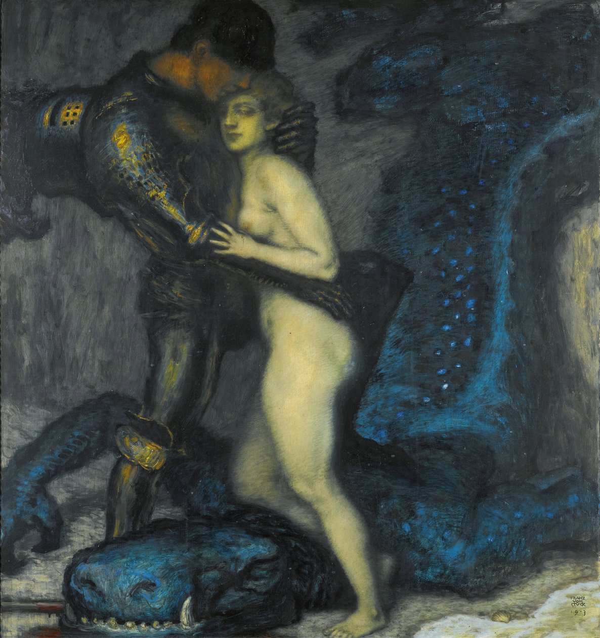 ""Le tueur de dragons"" (Dragedreperen) Maleri av Franz Ritter von Stuck (1863-1928) 1913 Privat samling av Franz von Stuck