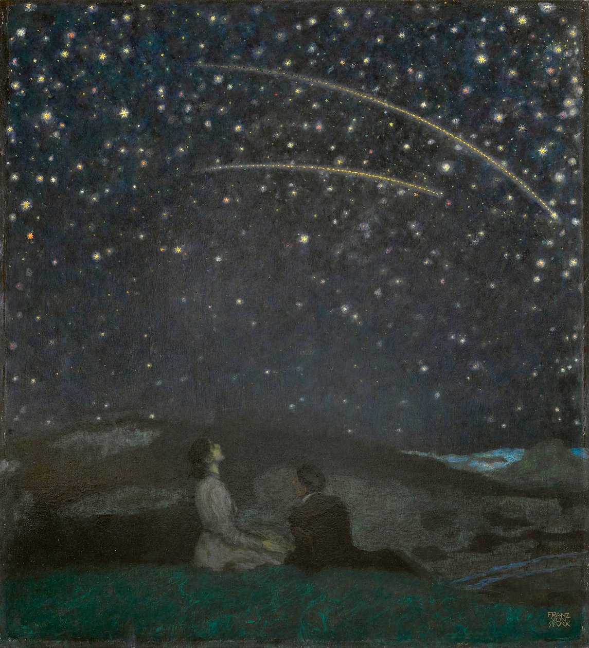 Shooting stars (Franz og Mary von Stuck) - Shooting Stars (Franz og Mary Stuck), av Stuck, Franz, Ritter von (1863-1928). olje på tre av Franz von Stuck