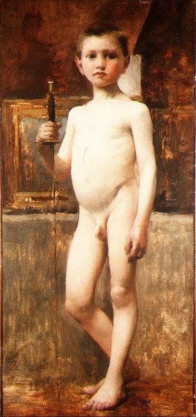 Nakengutt med sverd (olje på lerret) av Franz von Stuck