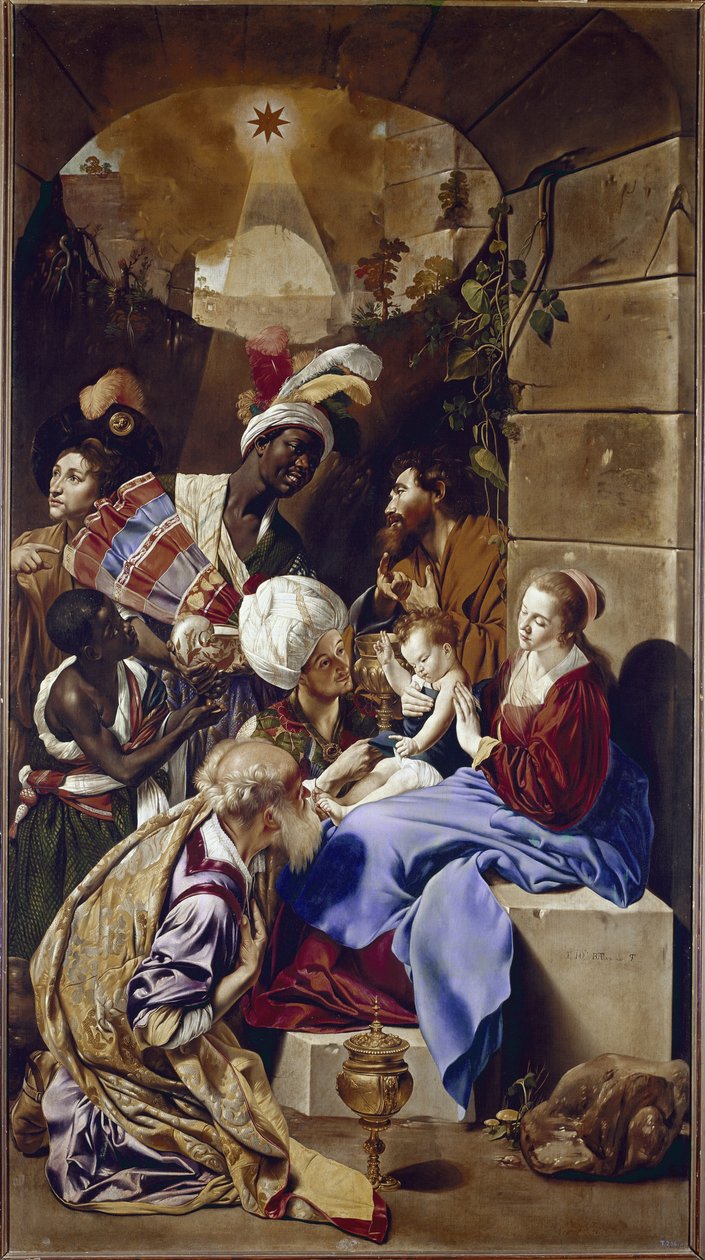 Tilbedelse av magiene. (olje på lerret, ca. 1610) av Fray Juan Batista Maino or Mayno