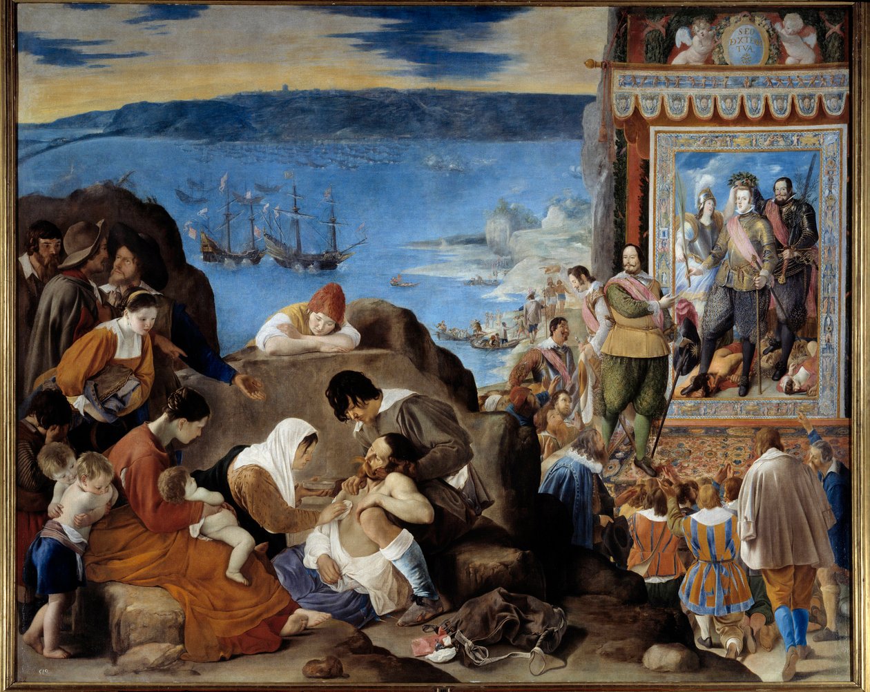 Allegori om overtakelsen av Salvador de Bahia (Brasil) av en portugisisk, spansk og indisk hær kommandert av Fadrique Alvarez de Toledo y Mendoza (1580-1634) 1. mai 1625 (gjenerobringen av Bahia i Brasil) - Venstre: lidelsene til ofrene - Høyre: Gen av Fray Juan Batista Maino or Mayno