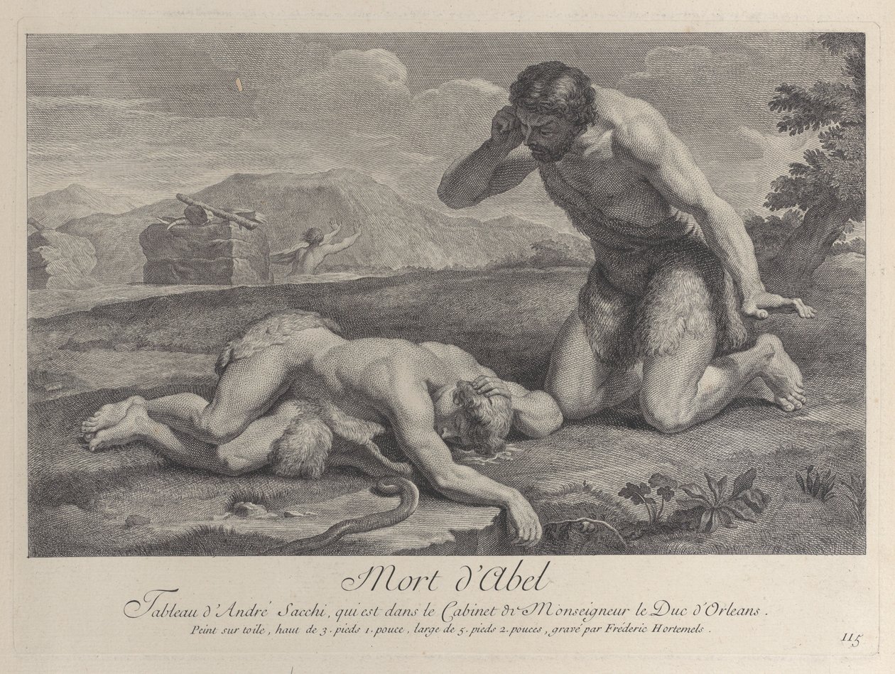 Adam kneler i sorg ved siden av kroppen til Abel, mens Kain flykter i bakgrunnen, ca. ..., ca. 1729. av Frédéric Horthemels