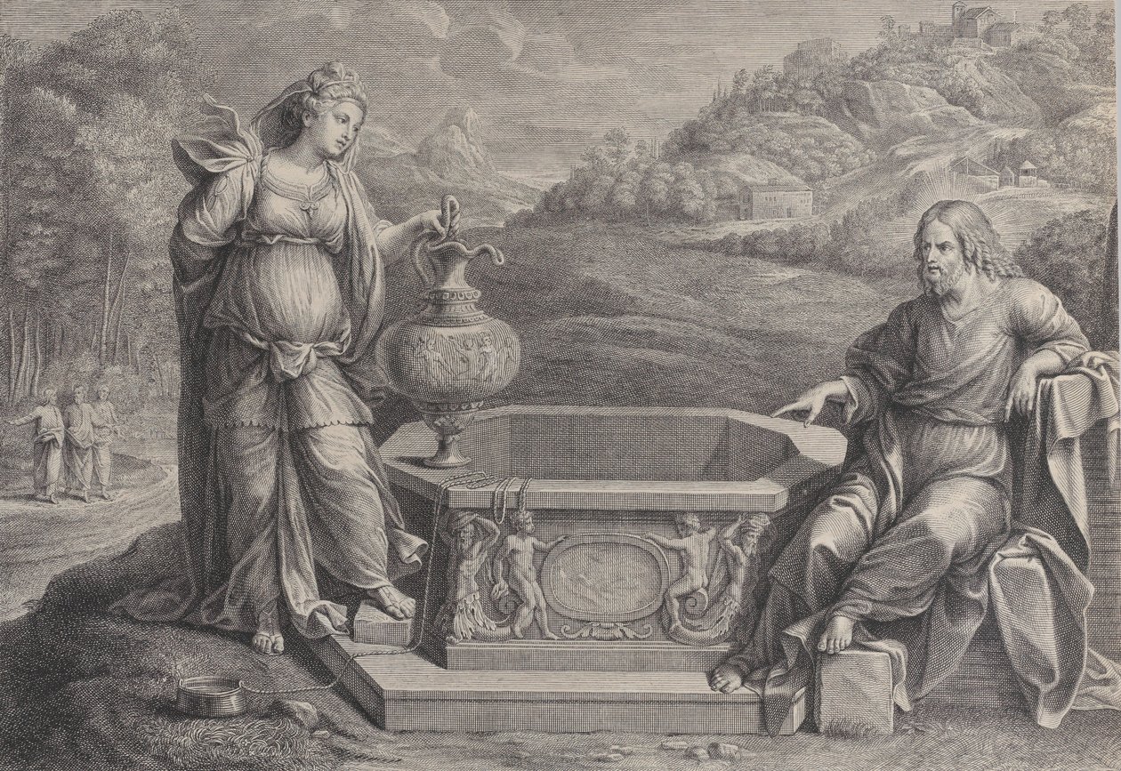 Kristus, som sitter til høyre, og kvinnen fra Samaria, som står til venstre, ca. 1729. av Frédéric Horthemels