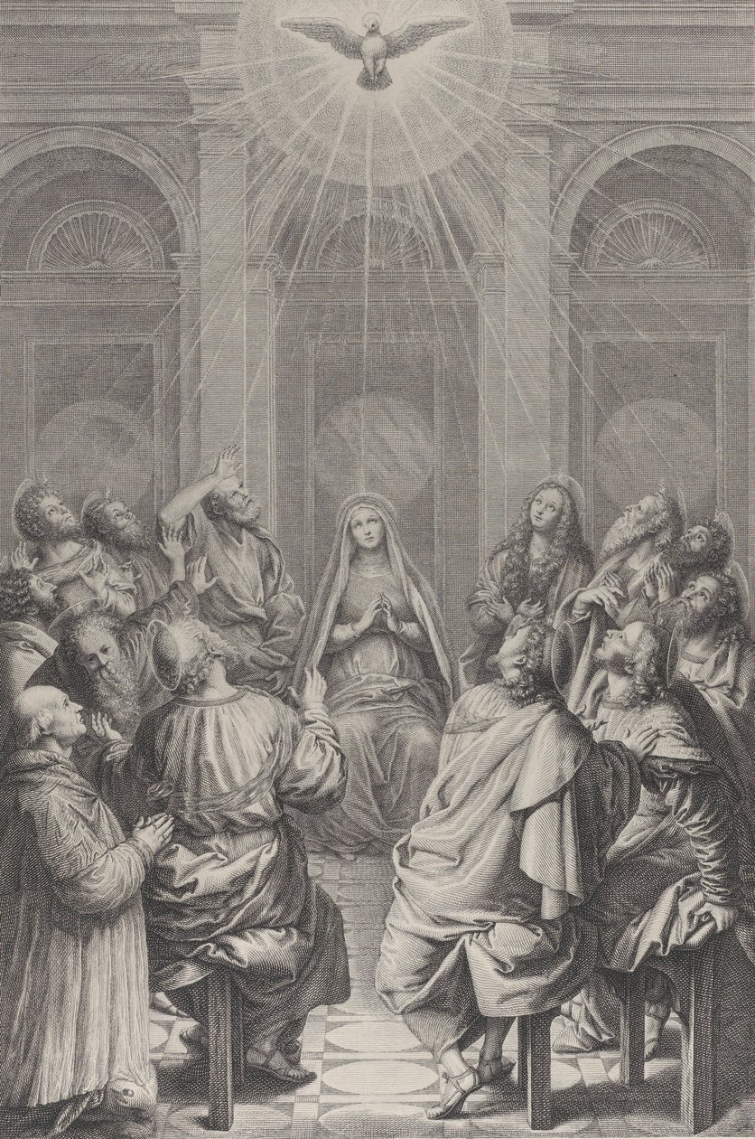 Pinsen, med apostlene og jomfruen sittende i en sirkel, Den Hellige Ånd ap..., 1729-40. av Frédéric Horthemels