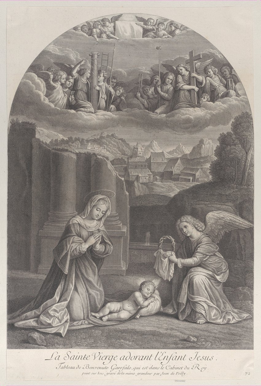 Jomfru Maria som tilber Kristusbarnet, en engel som holder en tornekrone til høyre,..., ca. 1729. av Frédéric Horthemels