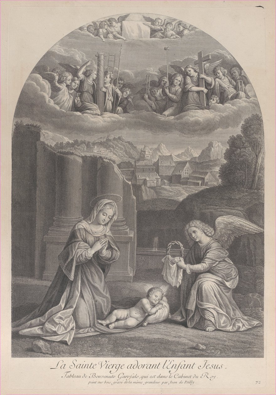 Jomfru Maria som tilber Kristusbarnet, en engel som holder en tornekrone til høyre,..., ca. 1729. av Frédéric Horthemels