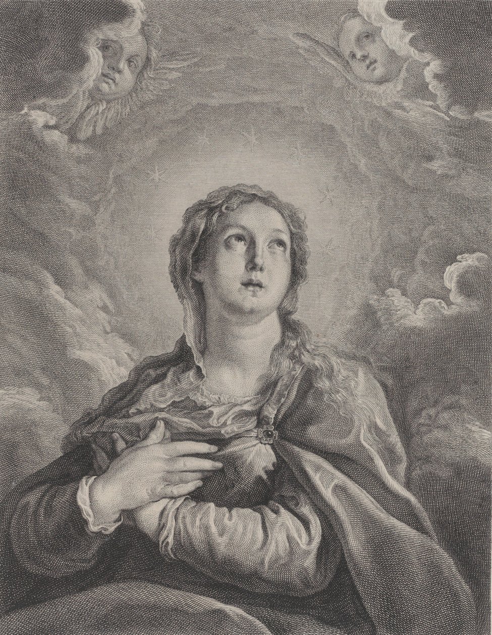 Jomfruen, hendene foldet på brystet, ser oppover, 1729-40. av Frédéric Horthemels