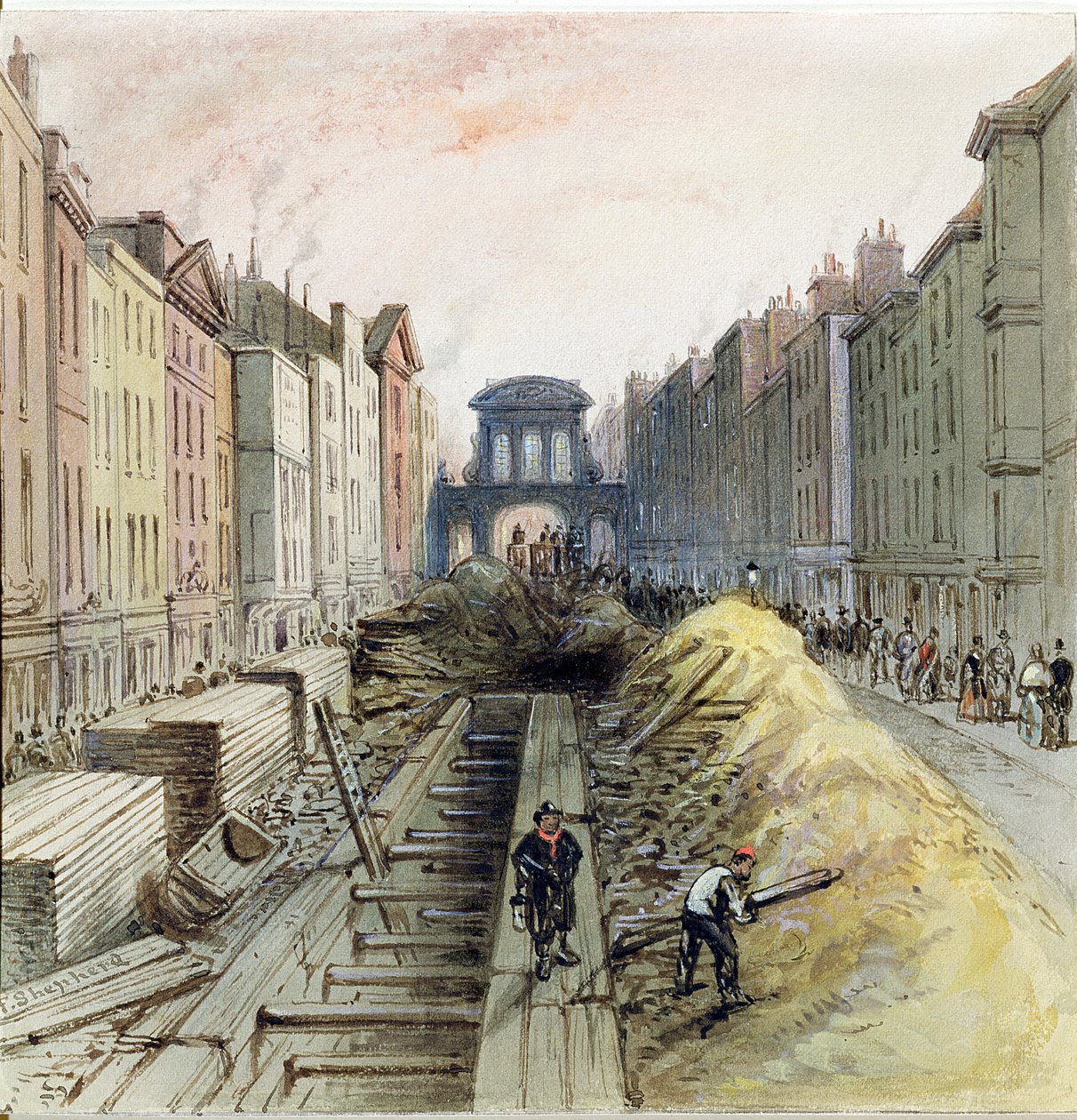 Fleet Street med New Common Sewer under bygging, 1845 av Frederick Shepherd