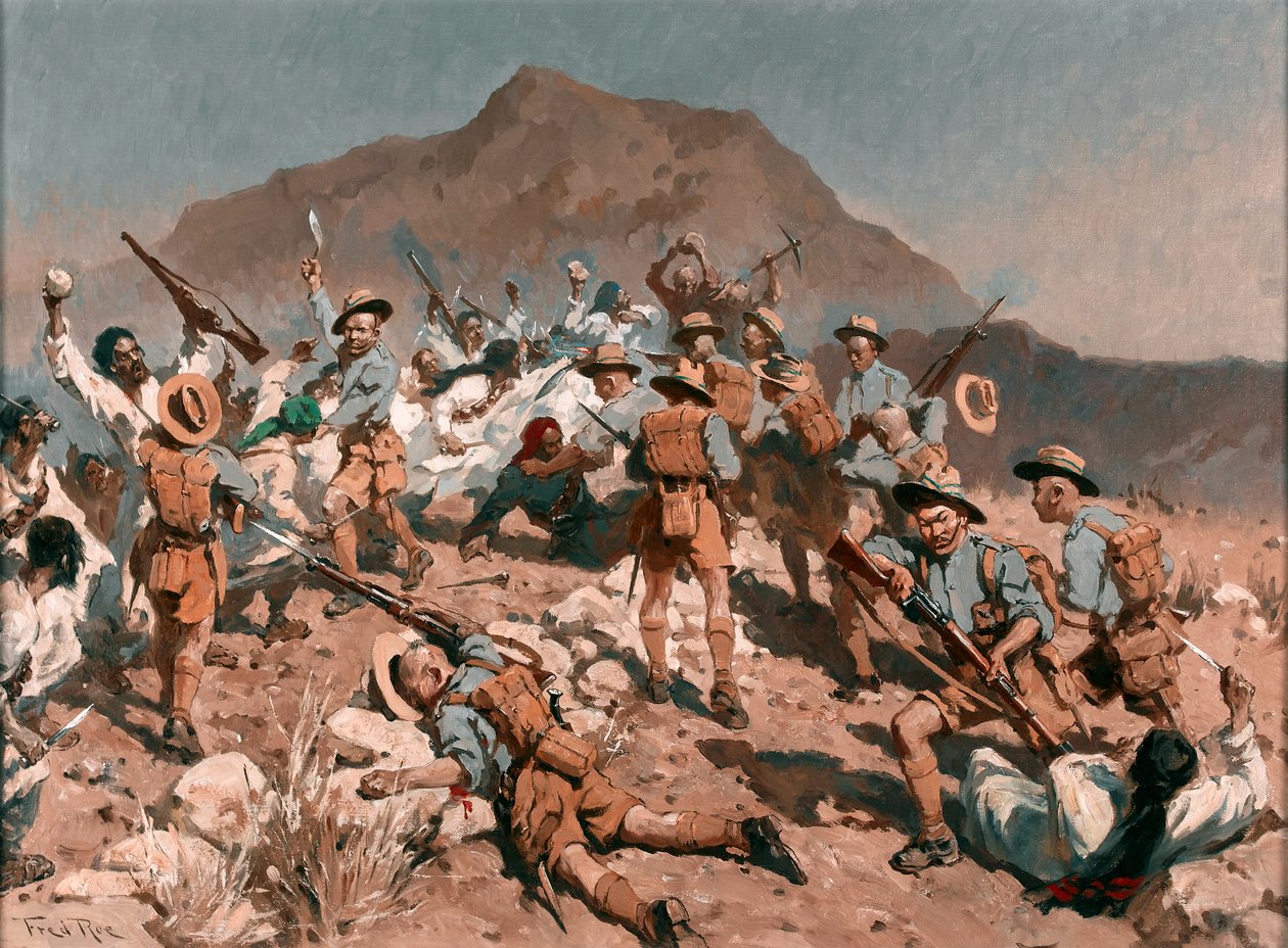 2. bataljon 5. Gurkha-rifler ved Ahnai Tangi, North-West Frontier, India av Fred Roe