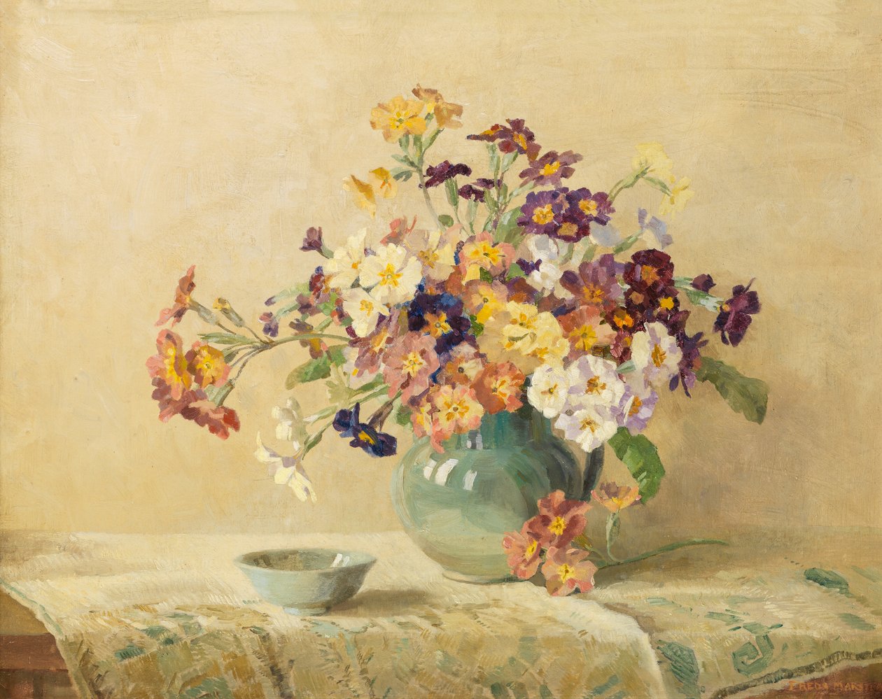 Vårblomster (Olje på lerret lagt på bord) av Freda Marston