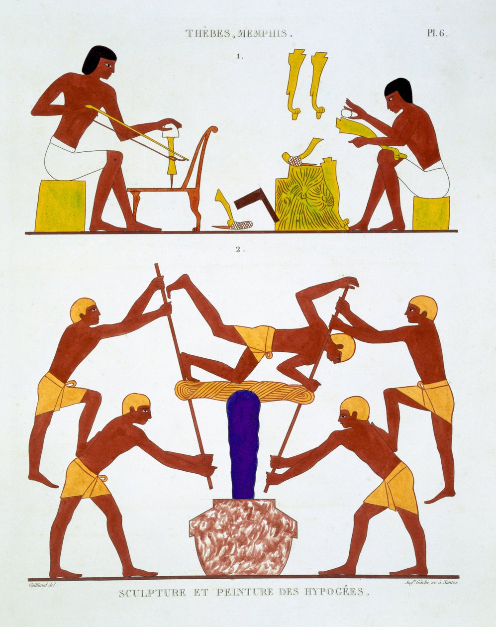 Carpentry and Dyeing Cloth Garn, fra en sjelden registrering av fresker fra Theben, registrert 1819-1822 på sitt andre besøk i Egypt av Frederic Cailliaud (1787-1869), farge litho av Frederic Cailliaud