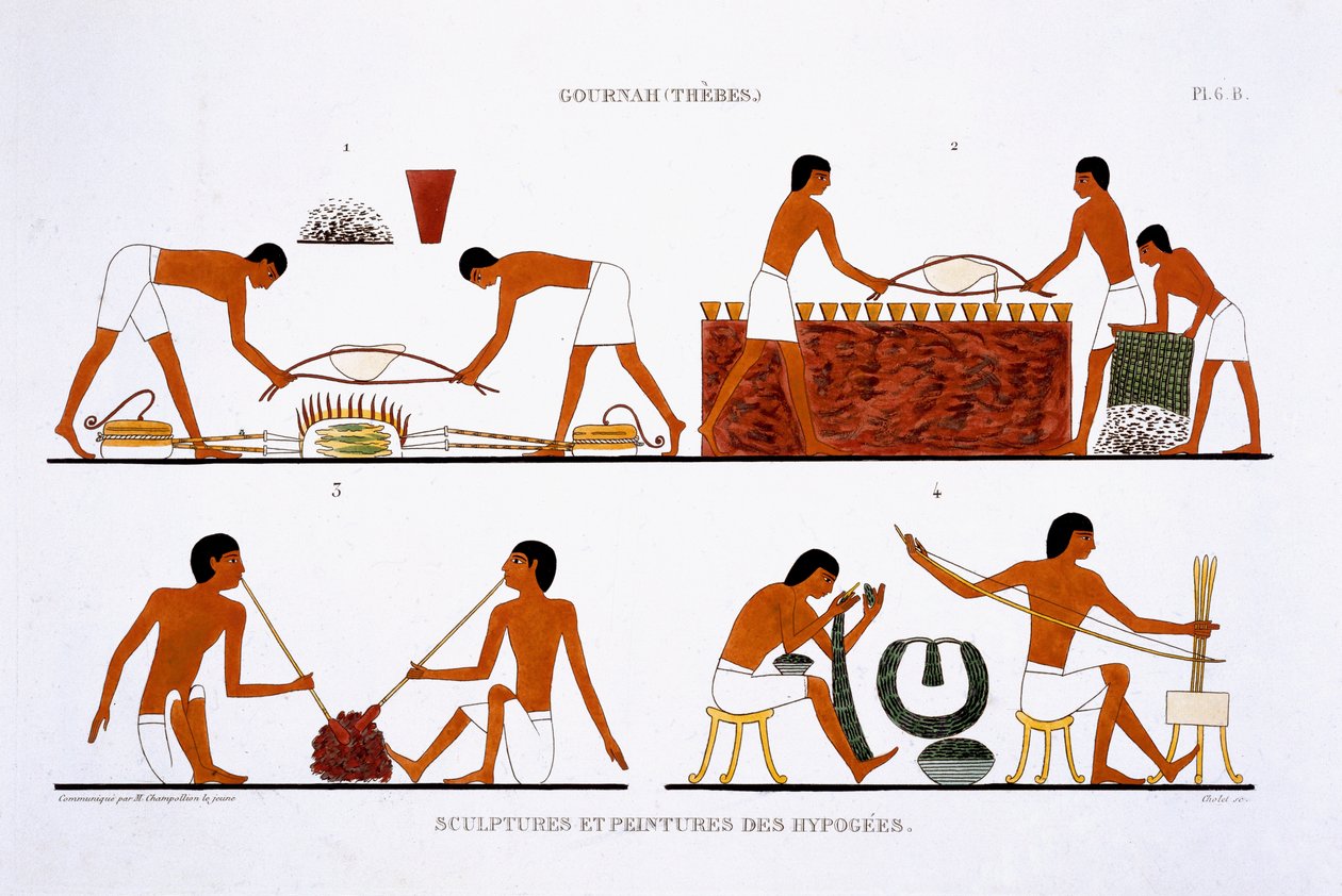 Smykke- og metallverksted, fra en sjelden oversikt over fresker fra Theben, spilt inn 1819-1822 på sitt andre besøk i Egypt av Frederic Cailliaud (1787-1869), 1819, farge litho av Frederic Cailliaud