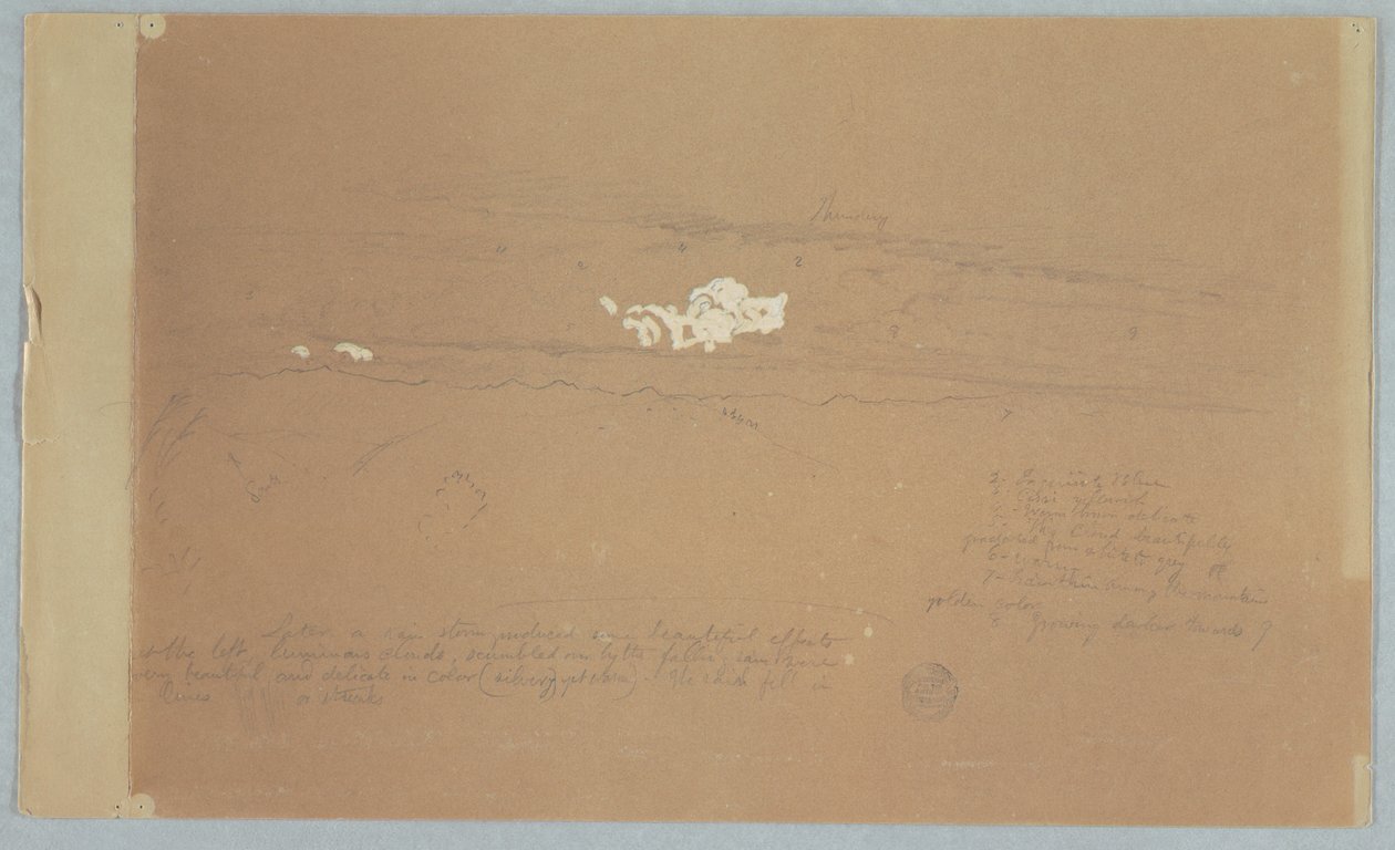 Tegning, overskyet himmel over fjellandskap, muligens 1857 av Frederic Edwin Church